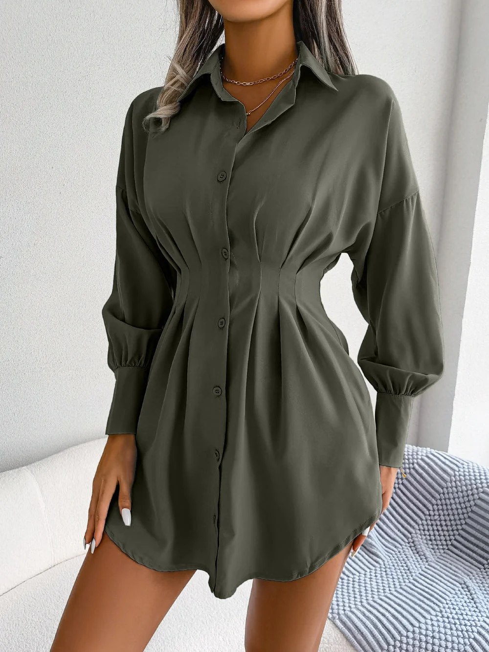 Woherb Casual Lantern Sleeve Waist-tight Asymmetric Shirt Women's Dress