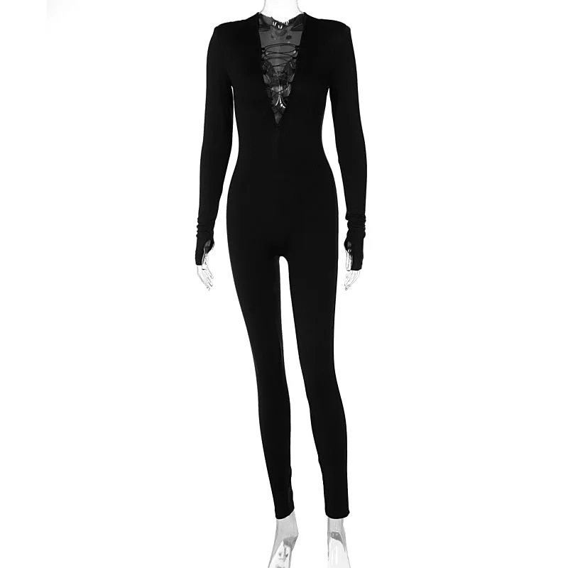 Dulzura Lace Up Cross Women Black Long Sleeve V Neck Jumpsuit With Shoulder Pad Skinny Sexy Streetwear Casual 2021 Autumn Winter
