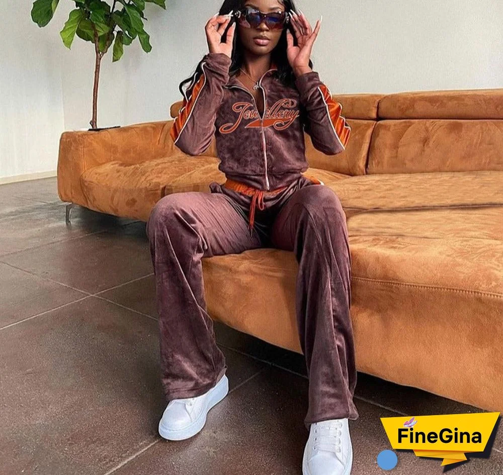 Graduation Gift Women Tracksuit Letter Print Velvet 2 Piece Outfit Sweatshirt+Straight Sweatpants Matching Set Fitness Sporty Streetwear