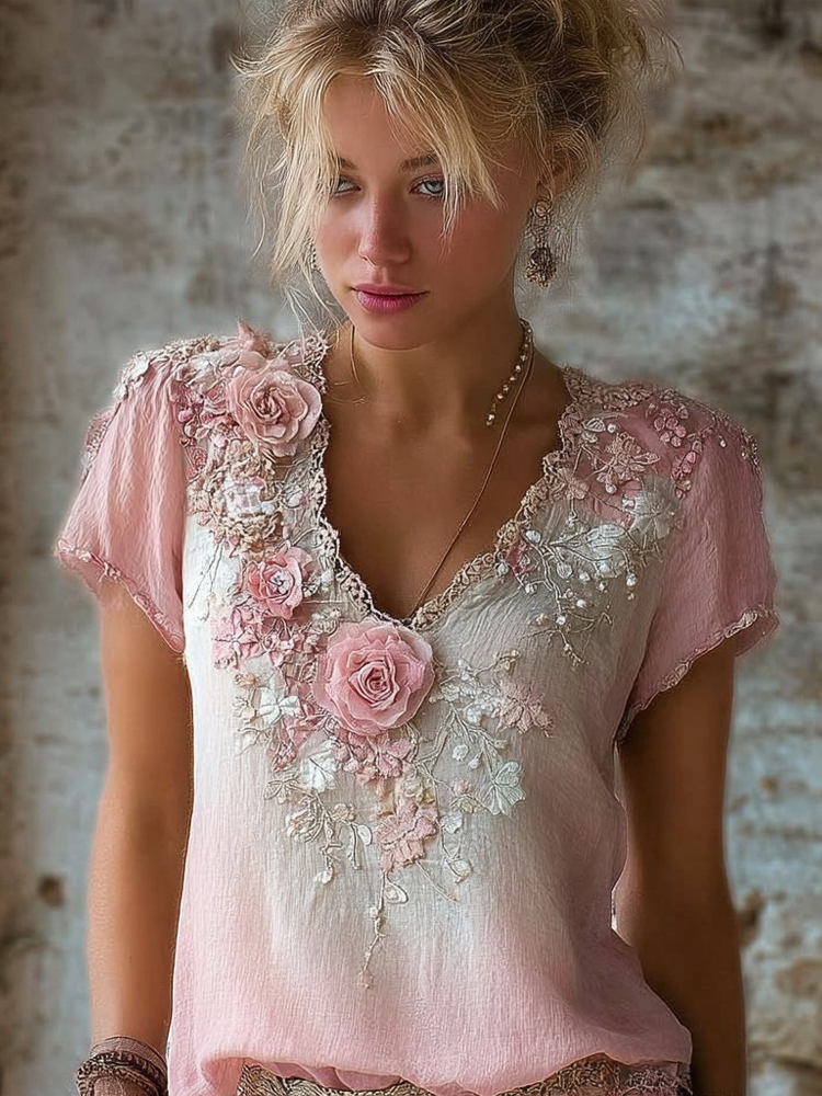 Vintage Boho Pink Roses Embroidered Flowy Linen Tunic Vintage Boho Pink Roses Embroidered Flowy Linen Tunic - Image 1