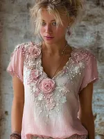 Vintage Boho Pink Roses Embroidered Flowy Linen Tunic
