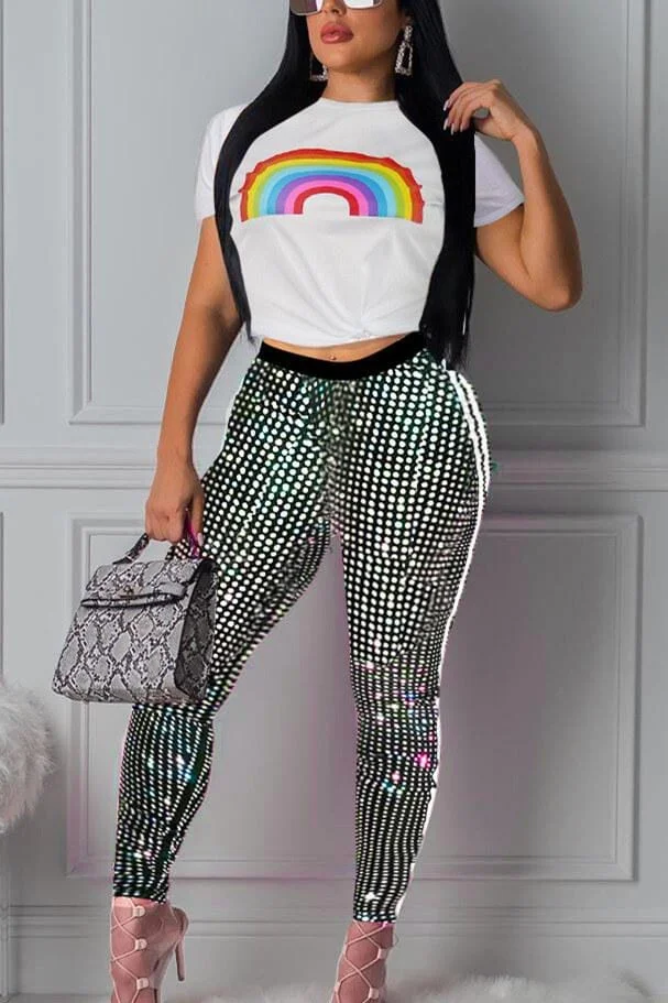 Fashion Rainbow Short-Sleeved Sequin Pants  Set