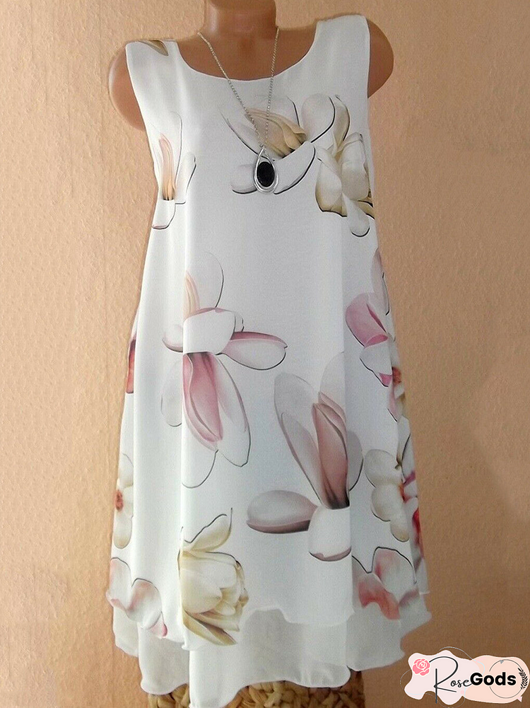 Women Casual Daily Crew Neck Sleeveless Floral-Print Comfy Dress