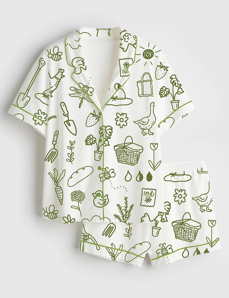 Women&rsquo;s Garden Cottage Cottagecore Gardening Floral Bees Tools Animals Plant Flowers Trees Short Sleeve Satin Pajama Set