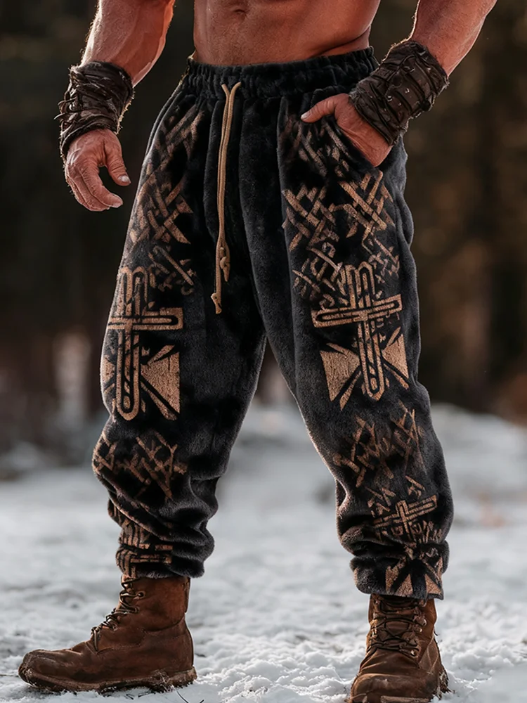 Vintage Viking Tribe Celtic Knot Design Men's Winter Flannel Long Pants