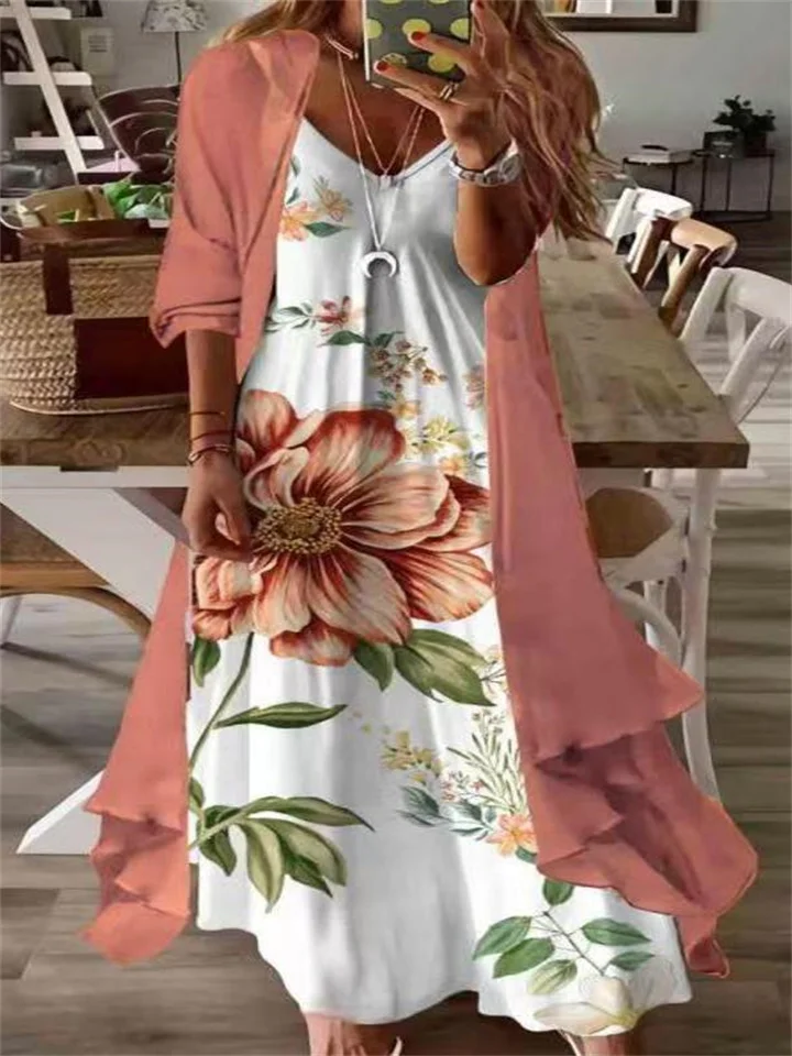 Women's Plus Size Two Piece Dress Floral V Neck Print Long Sleeve Fall Spring Casual Maxi long Dress Causal Daily Dress