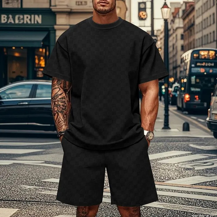 Men's Checkerboard Round Neck Short Sleeve T-shirt Shorts Loose Casual Set