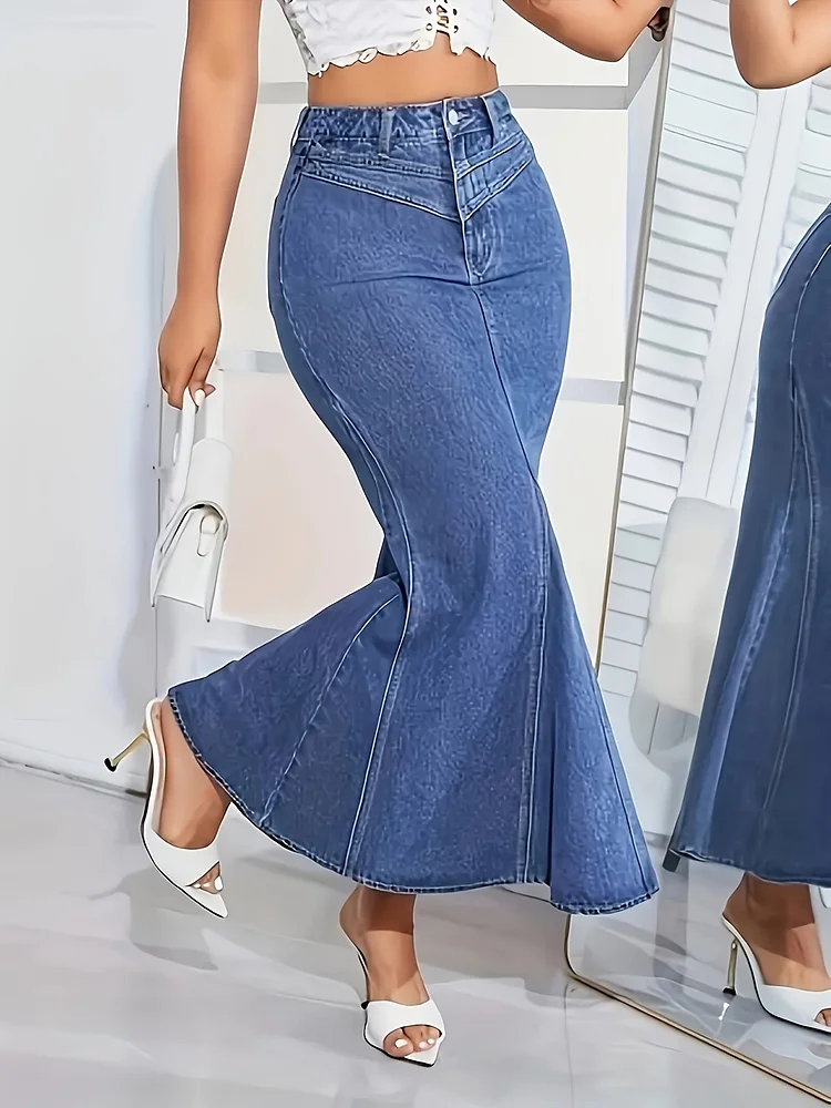 Women's Elegant Washed Blue Mid-Rise Denim Mermaid Skirt - V-Neck Ruched Design With Pleated Hem, Machine Washable For Vacation, Daily Wear, Campus, Street & Airport Outfits, Versatile Fashion, Sophisticated Style, Highquality Fabric