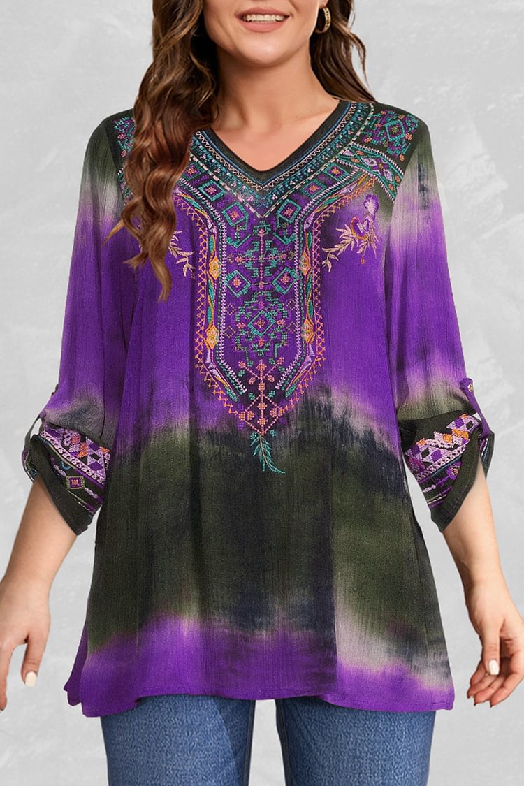 Flycurvy Plus Size Casual Purple Roll Tab Tie Dye Tribal Print Blouse  Flycurvy [product_label]