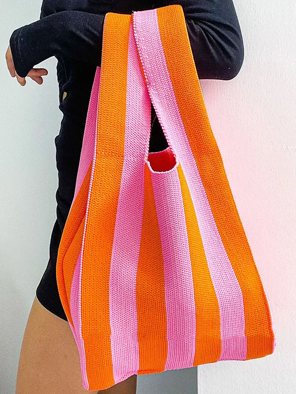 Contrast Color Striped Bags Woven Handbag