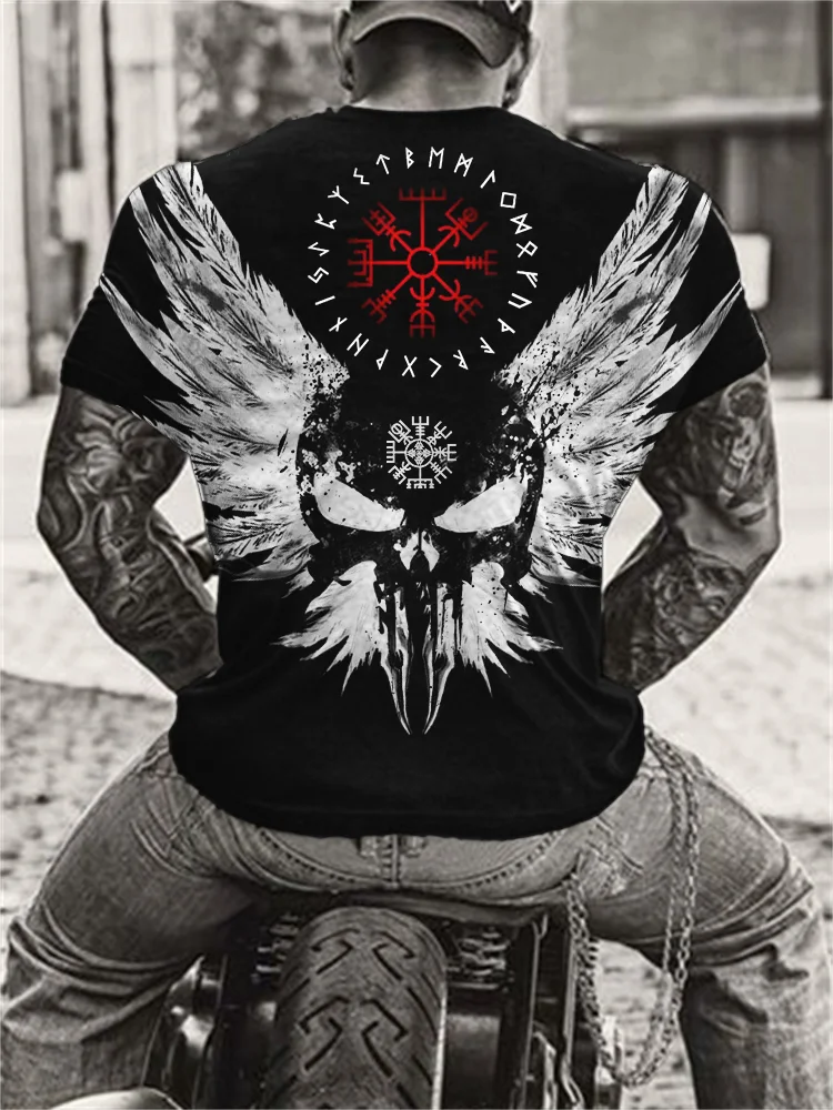 Wearshes Men's Viking Vegvisir Skull Raven Wings Graphic T Shirt