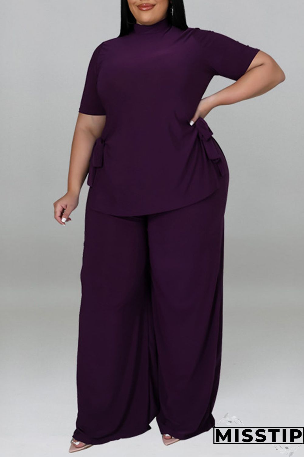 Purple Casual Solid Patchwork O Neck Plus Size Two Pieces