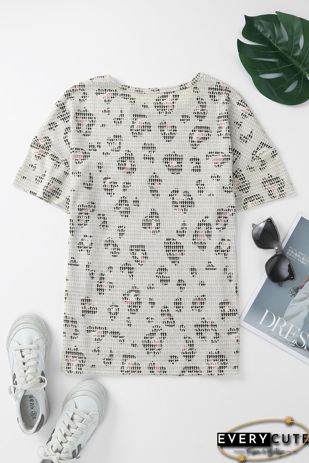 Leopard Waffle Knit Short Sleeve Top