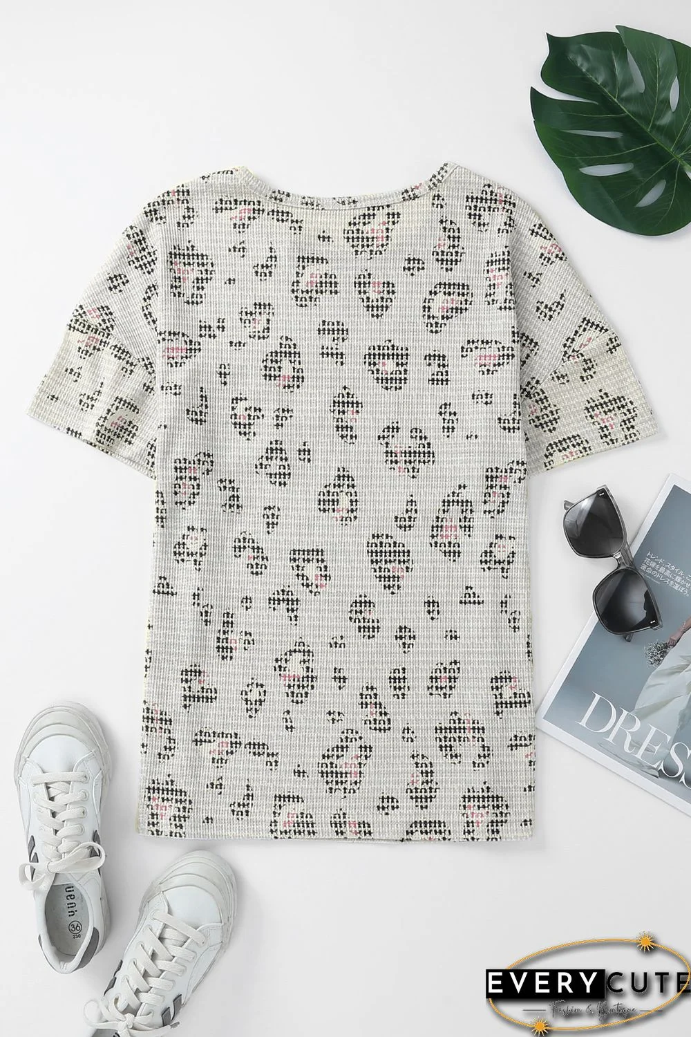 Leopard Waffle Knit Short Sleeve Top