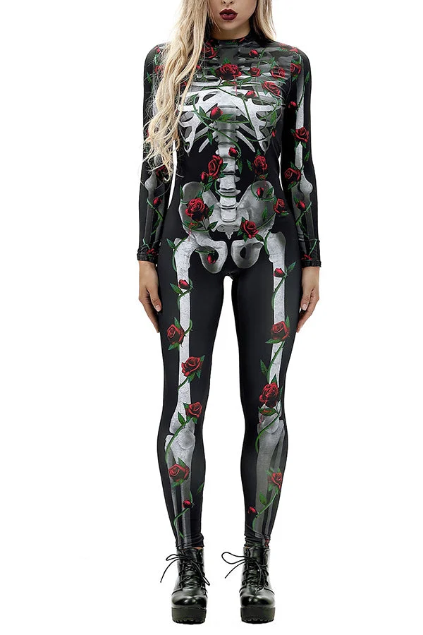 Rose Skeleton Print Jumpsuit Halloween Costume-elleschic
