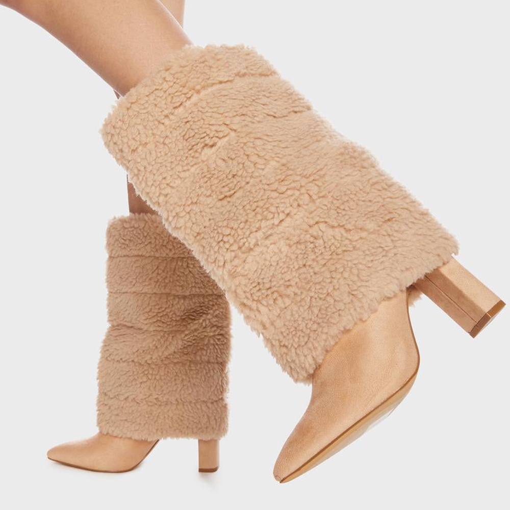 Beige&Black Pointed Ankle Boots Chunky Heel Fur Snow Boots