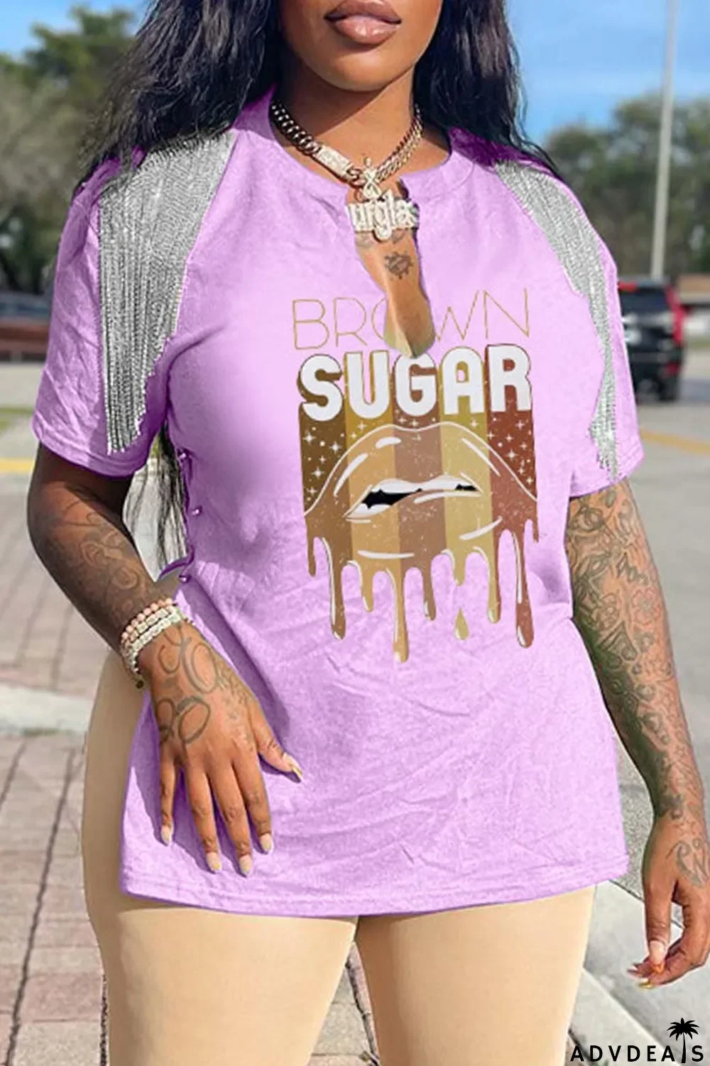 Grey Casual Print Tassel Patchwork V Neck T-Shirts