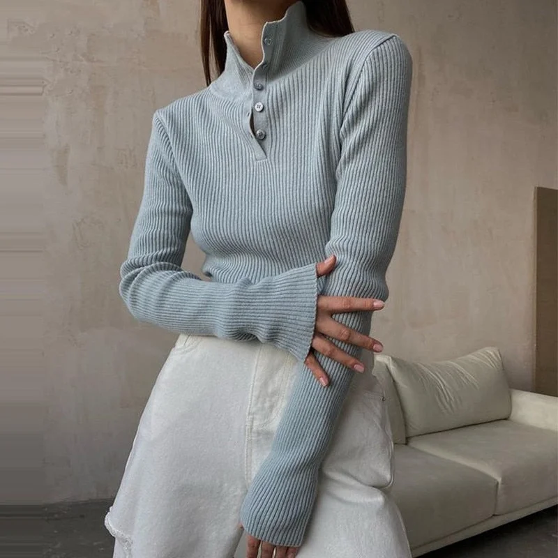 Tossy Women's Button Down Turtleneck Sweater Basic Casual Long Sleeve Slim Fit Knit Pullover Autumn Winter 2021 Fashion Chic