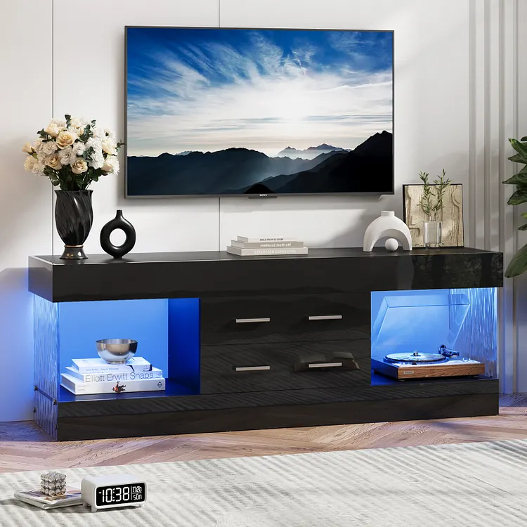 Bestier TV Stand for TVs up to 65", Modern Entertainment Center for TVs with LED Light, High Gloss TV Console Table with Storage Drawers