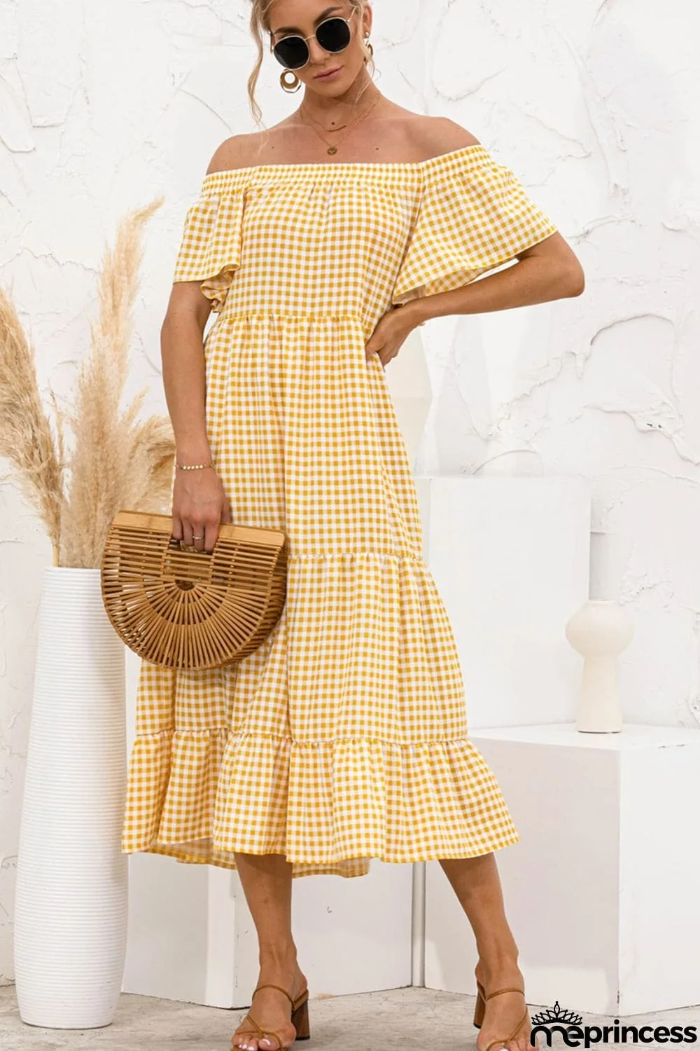 Gingham Off-Shoulder Tiered Midi Dress