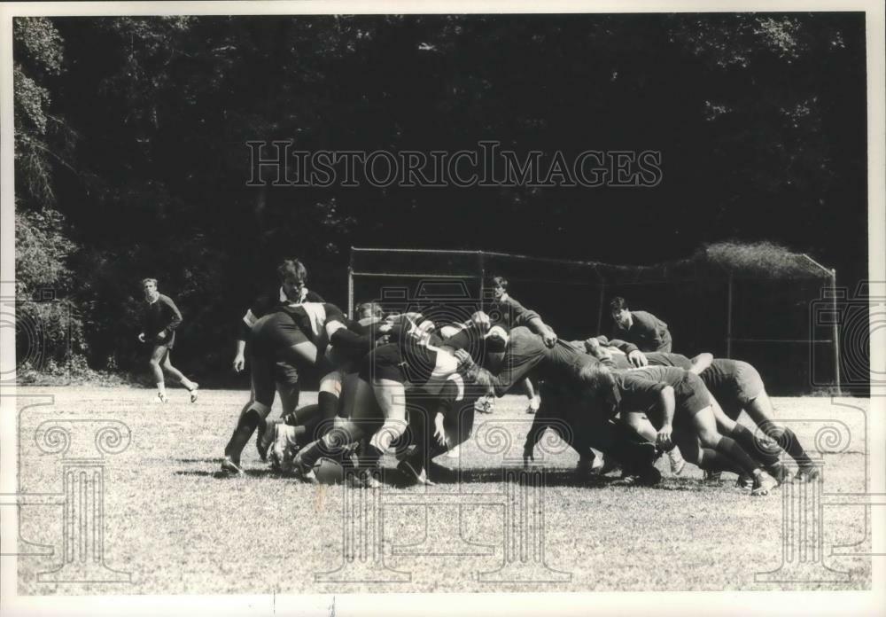 Press Photo Poster painting Rugby Players Form A Scrum On The Pitch (Field That Game is Played)