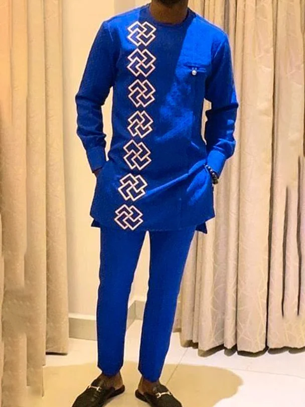 Men's chic casual blue geometric print long sleeve two-piece set