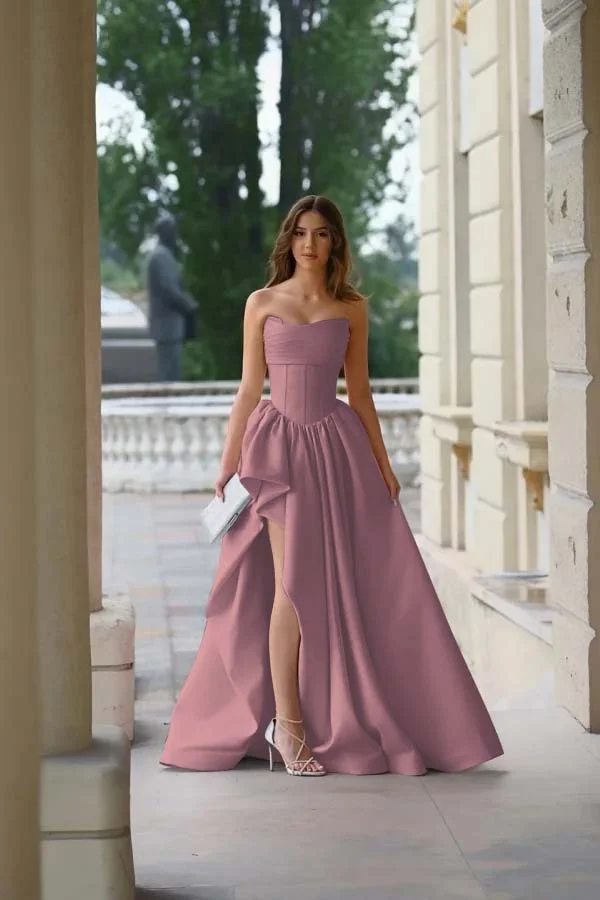Lovely Pink Straight Across Sleeveless Pleated Split Prom Dress YK0087