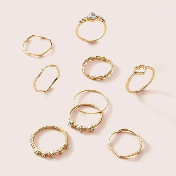 Heart & Rhinestone Engraved Ring 9pcs