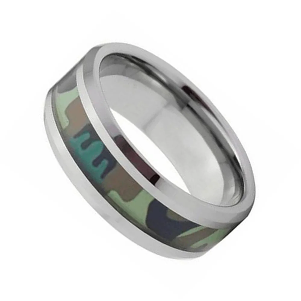 8MM Jungle Camouflage Tungsten Rings Men Wedding Bevel Edge Polished Finished