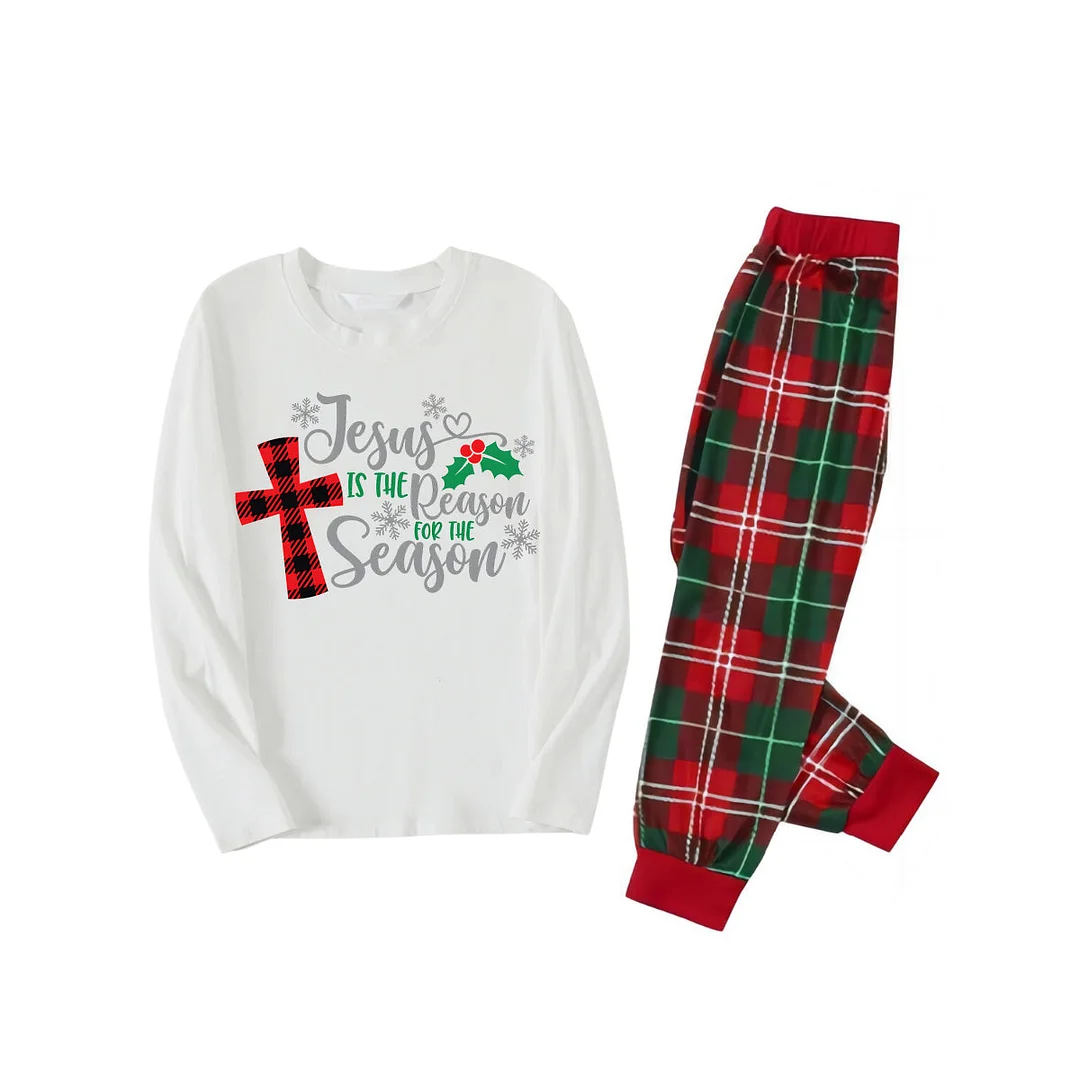Christmas "Jesus is the Reason of the Season" Letter Print Patterned White Long Sleeve with White&Red&Green Plaid Pants Family Matching Pajamas
