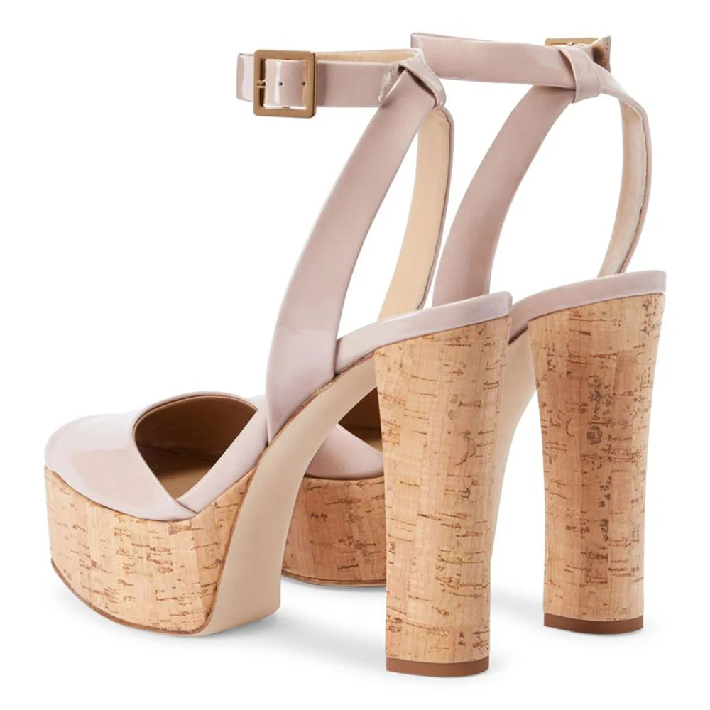 Pink Patent Buckle Ankle Strap Peep Toe Chunky Heel Platform Sandals