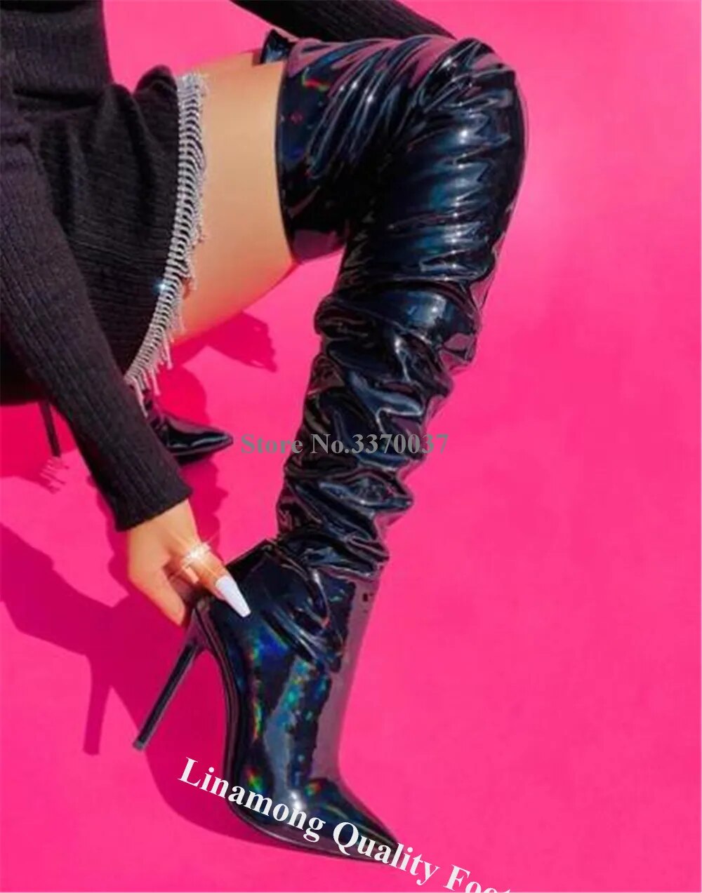 VCSHOES Hologram Iridescent Silver Red Pink Black Thin Heel Over-the-Knee Boots Shining Pointed Toe Stiletto Heel Long Boots