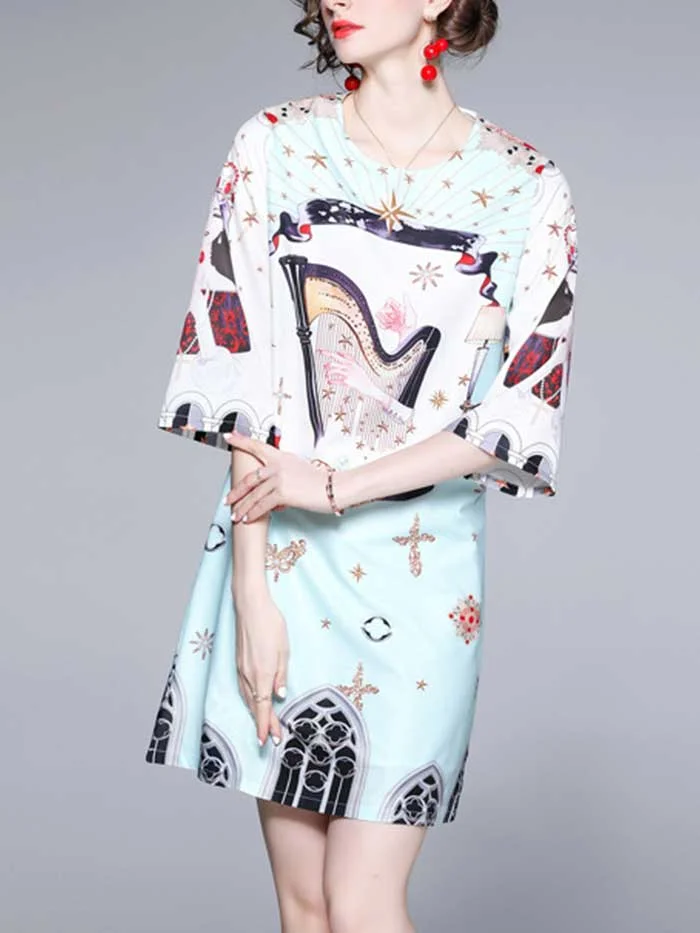 Fashion organ print round neck three-quarter sleeve pullover dress