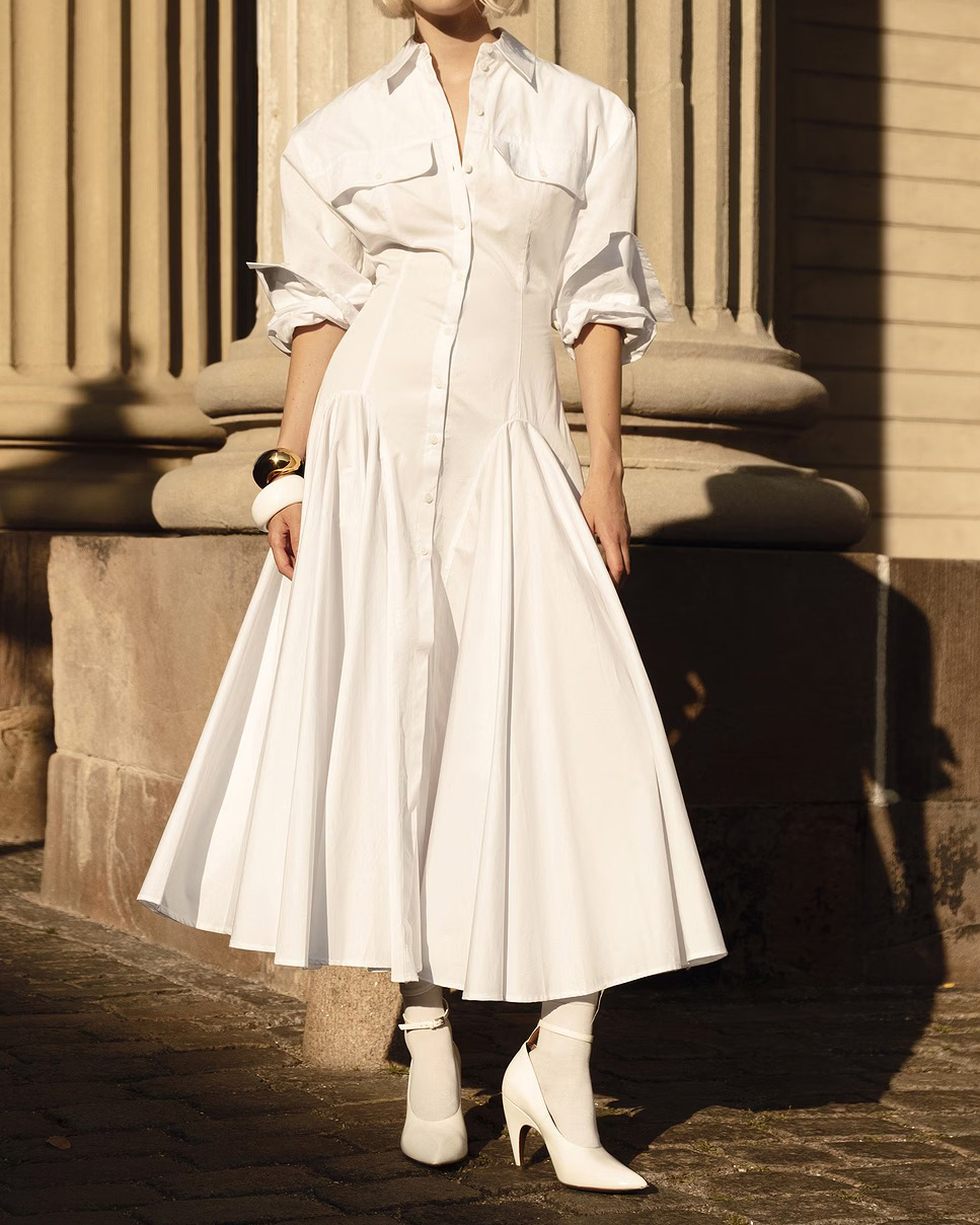 Pleated Hem Long Sleeve Chest Pocket Shirt Midi Dress