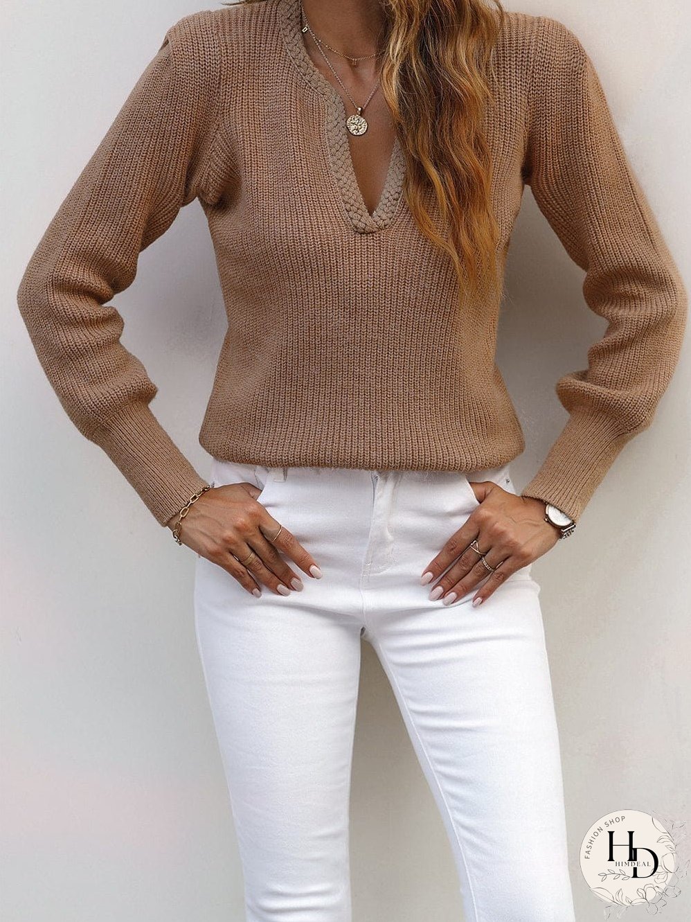 V-neck Knitted Sweater with Puff Sleeves