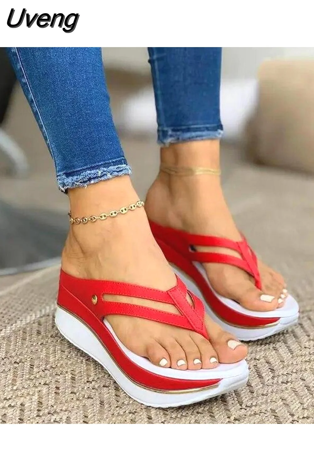 Uveng Summer New Sandals Women Wedges Slip Flip Flops Beach Sandals Shoes Fashionable Casual Sandals Woman Indoor Outdoor Sandals 508-0