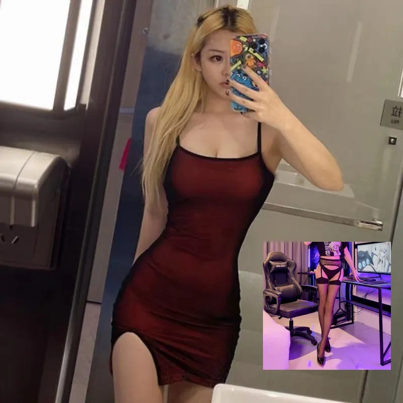 Churchf Large-Size Sexy Slings Summer Bar Boobs Tective Yarn Sling Skirt Inside The Bottom Open Fork Tight Dress