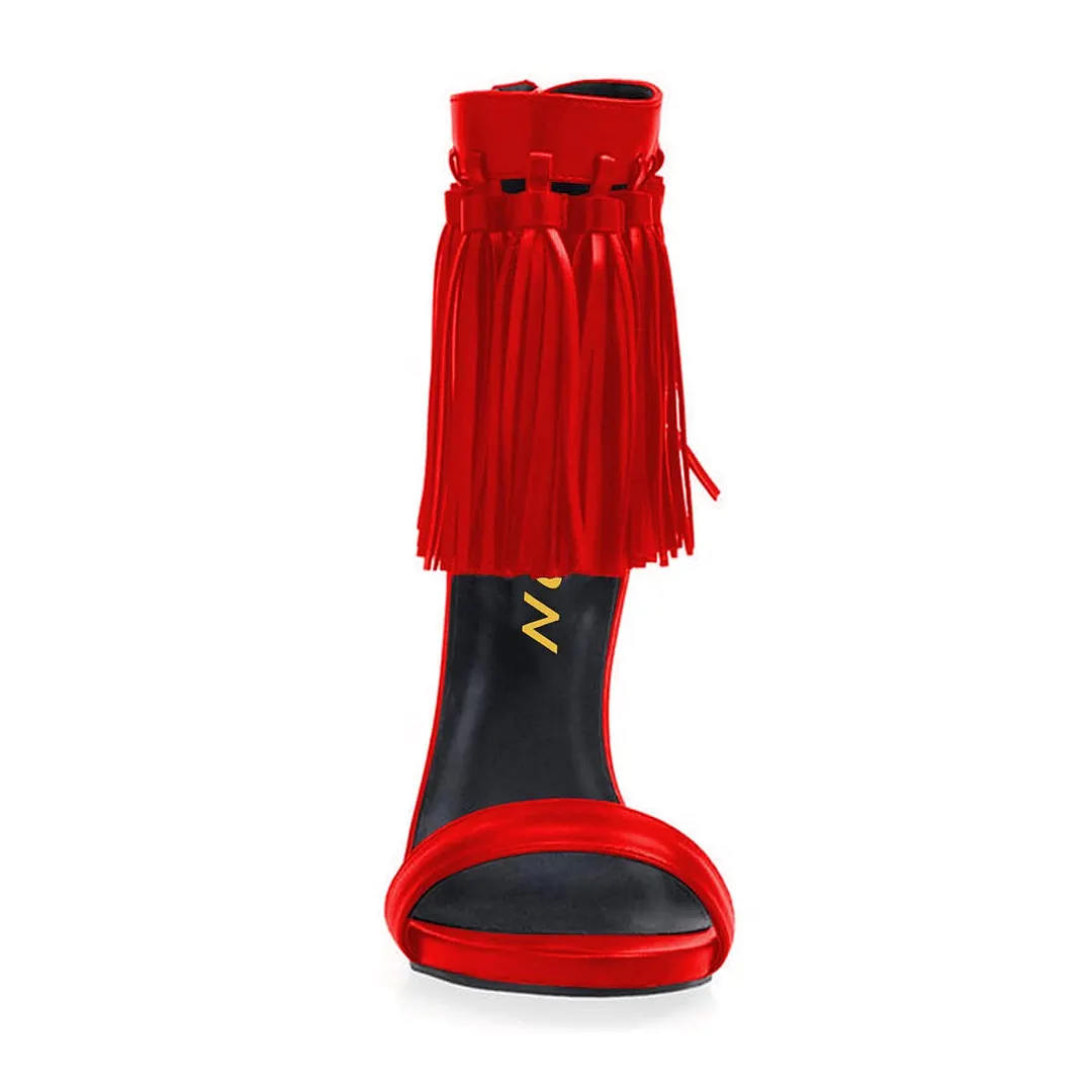 Vegan Leather Tassel Open Toe Zipper Stiletto Heeled Sandals in Red