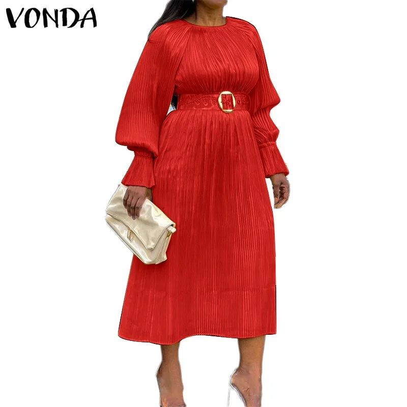 Women Solid Dress VONDA Women Long Sleeve O Neck Party Dresses High Waist Pleated Robes Loose Office Formal A-Lined Vestidos