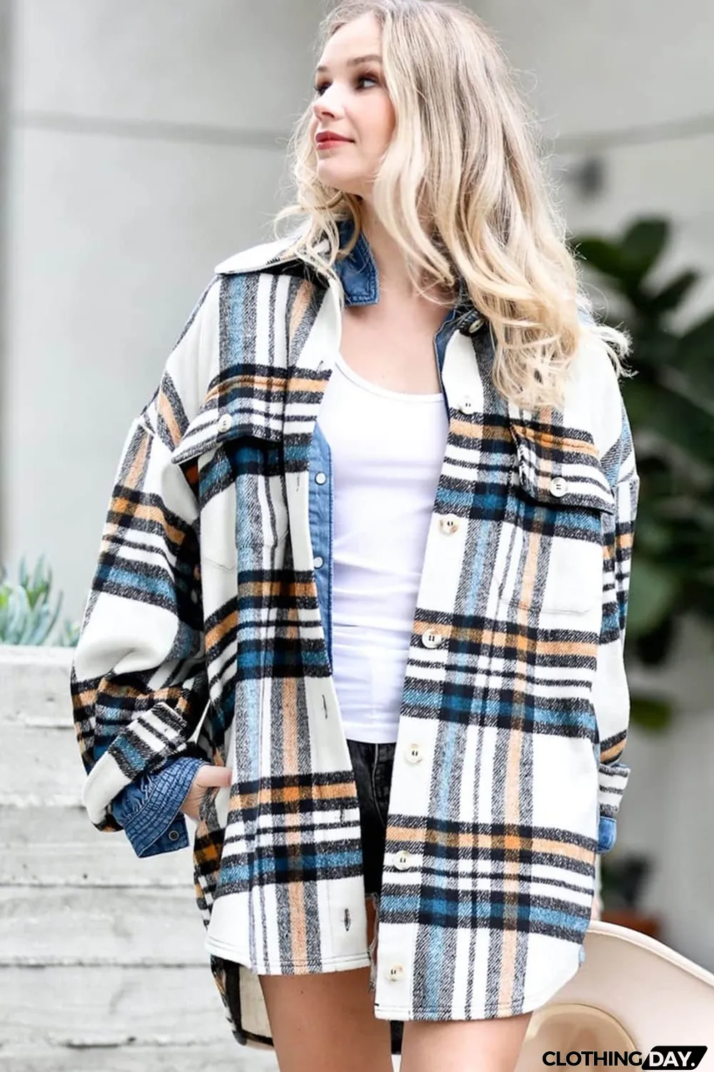 White Plaid Pattern Drop Shoulder Flannel Shacket