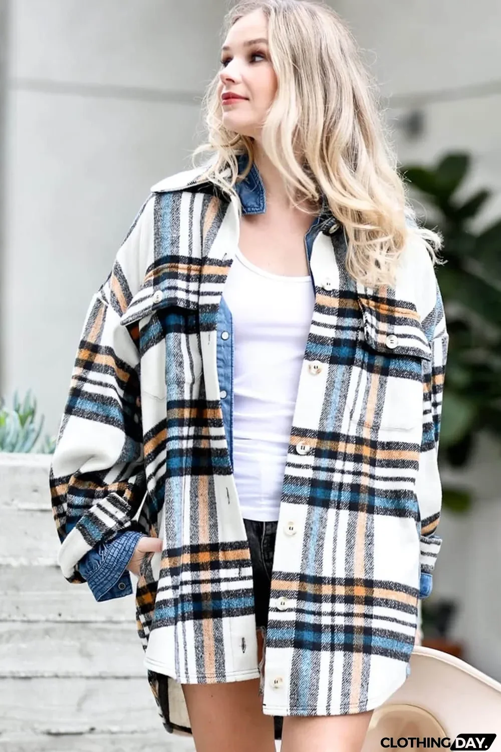 White Plaid Pattern Drop Shoulder Flannel Shacket