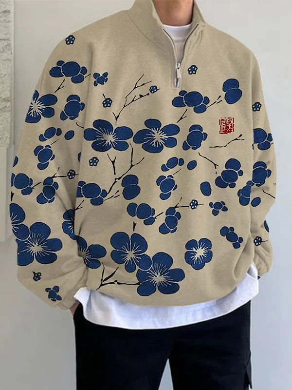 Men's Japanese Lino Art Cherry Blossom Cadet Collar Sweatshirt