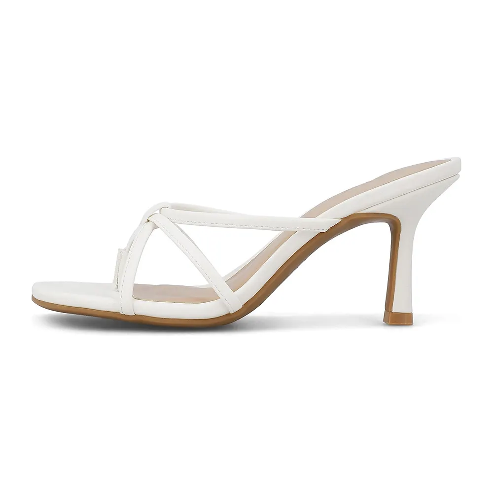 Square Toe High Heel Slip On Strappy Flip Flop White Sandals with Knot