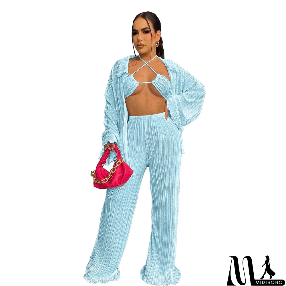 MidiSono - Fall Solid Color Wide Leg Pants Three-Piece Set