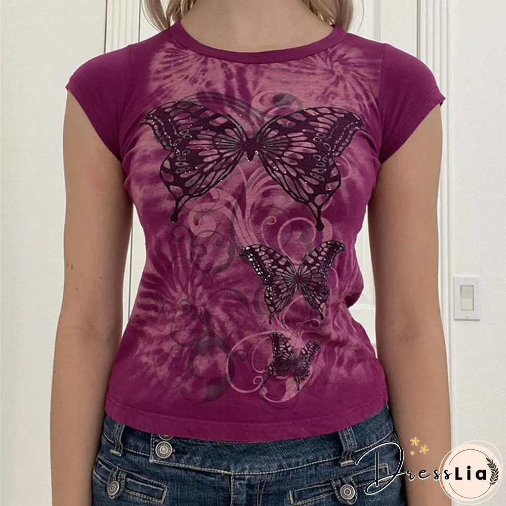 Vintage Women Graphic T Shirts Y2k Clothes Summer Kawaii Harajuku Tee Goth Fairy Grunge Crop Tops Emo Aesthetic Sweats