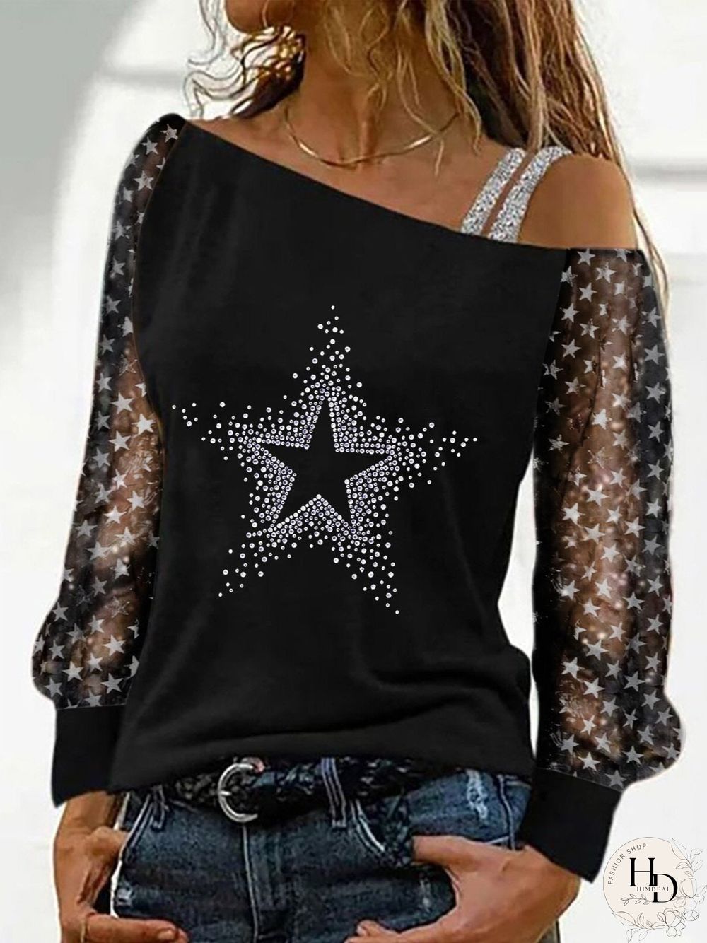 Starry Sleeve Rhinestone Black Top