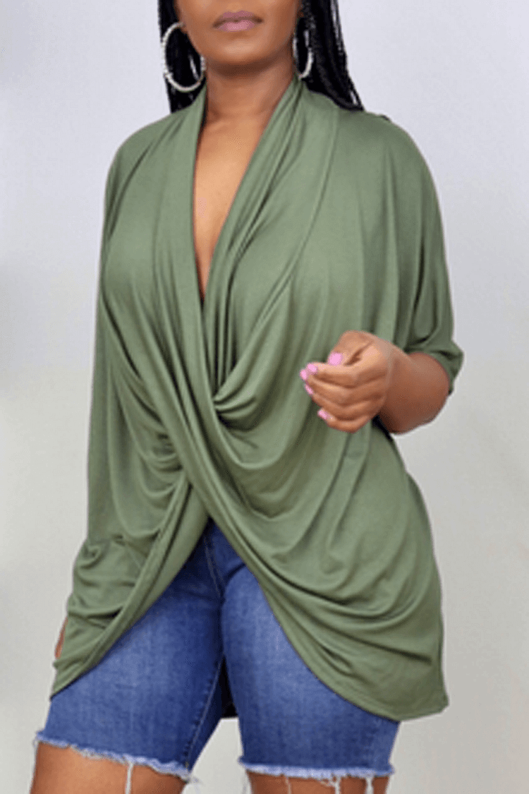 Xpluswear Plus Size Green Casual Loose Tunic Short Sleeve Blouses