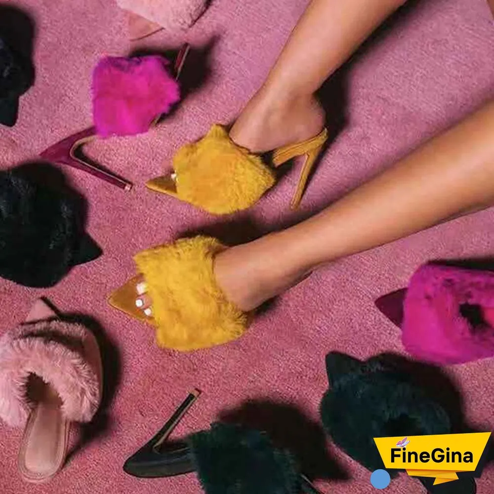 Women Shoes Rabbit Fur High Heel Sandals Slippers Luxury Sandals