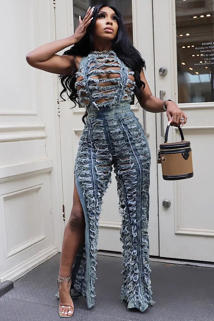 Frayed Denim Cutout Sleeveless Top Slit Pants 2pcs Set-Blue