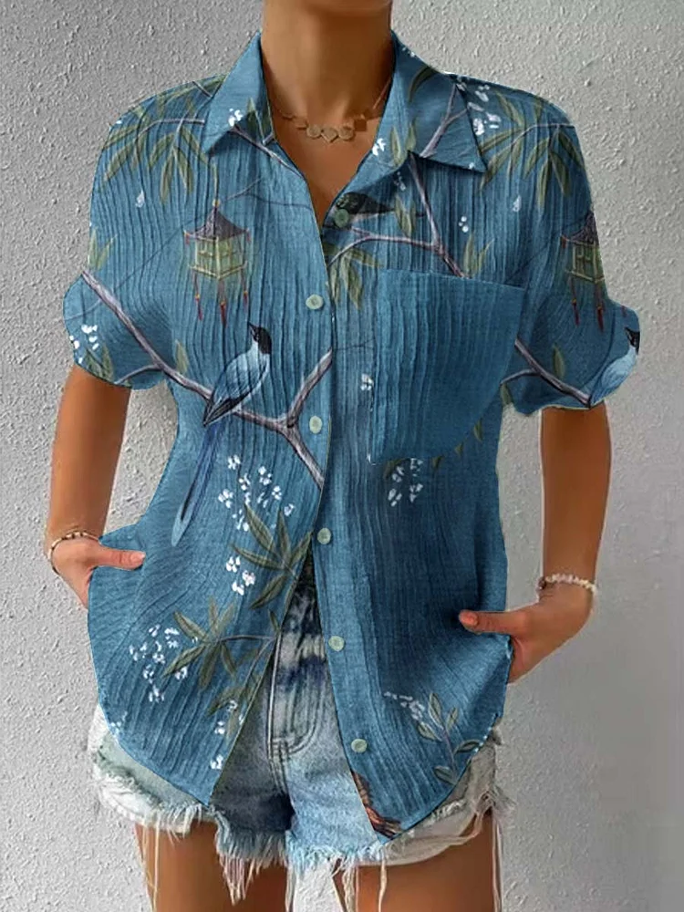 Womens Art Floral Pattern Short Sleeve Textured Shirt